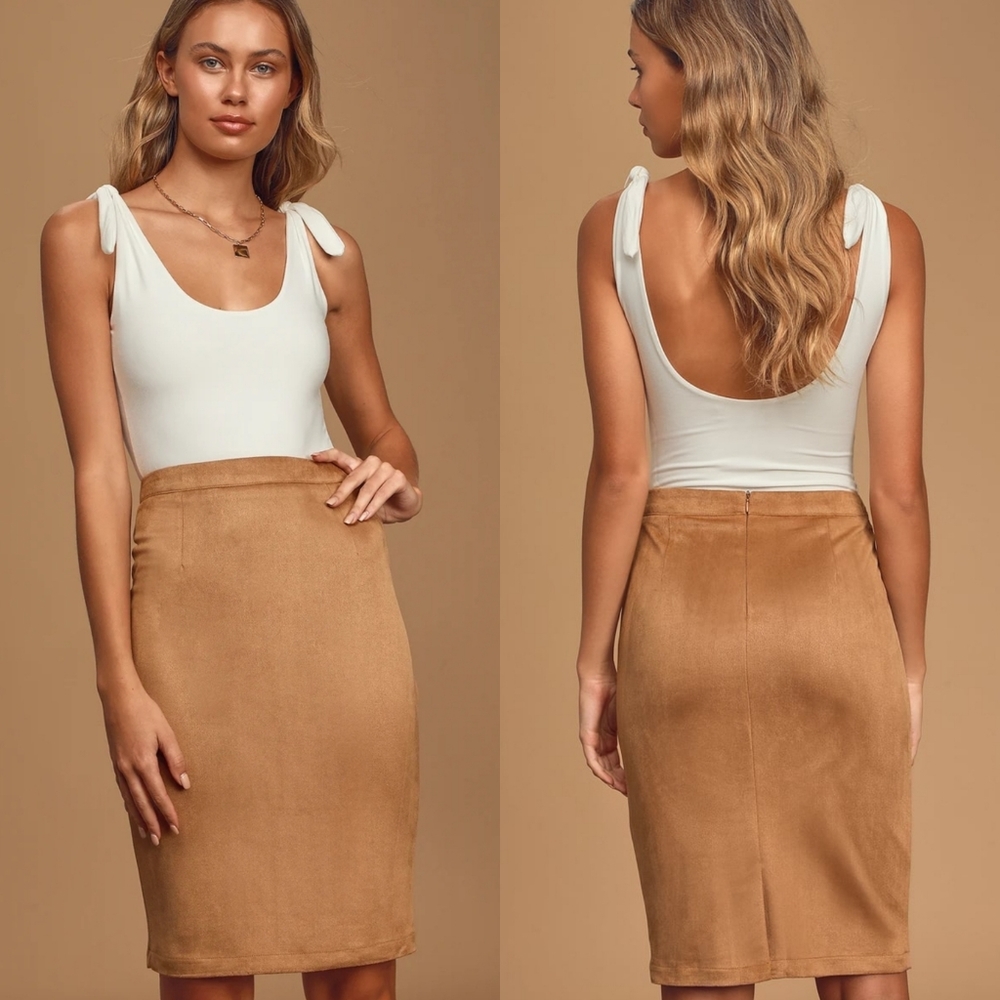 LULUS | superpower tan suede pencil skirt